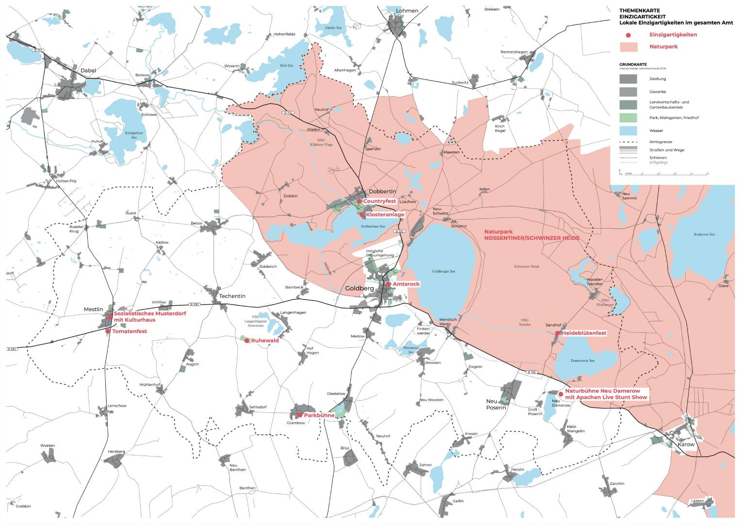 Landkarte mit namentlich benannten Einzigartigkeiten, Gebiet der Nossentiner/Schwinzer Heide ist rot gekennzeichnet