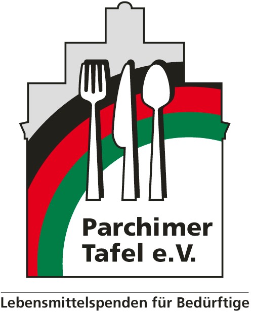 Logo mit dem Schriftzug Parchimer Tafel e.V. Lebensmittelspenden für Bedürftige, Messer, Gabel und Löffel vor einem Haus