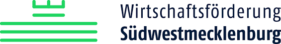 Logo mit dem Schriftzug Wirtschaftsförderung Südwestmecklenburg, links waagerechte Linien in grün