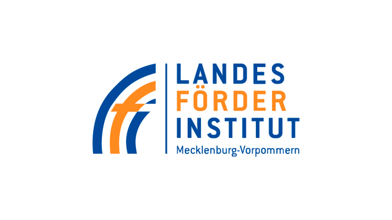 Logo mit dem Schriftzug Landesförderinstitut Mecklenburg-Vorpommern, links ein grafischer Boden in den Farben blau und orange