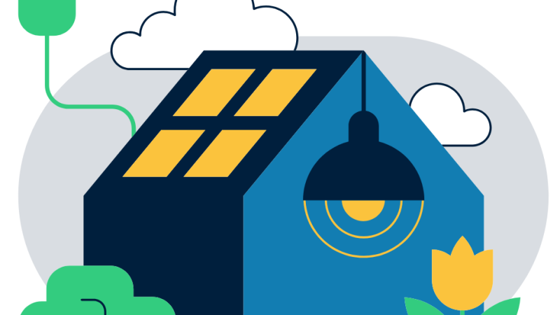 Grafik Haus mit Deckenleuchte, Solarplatten auf dem Dach und einem Stromkabel mit Stecker