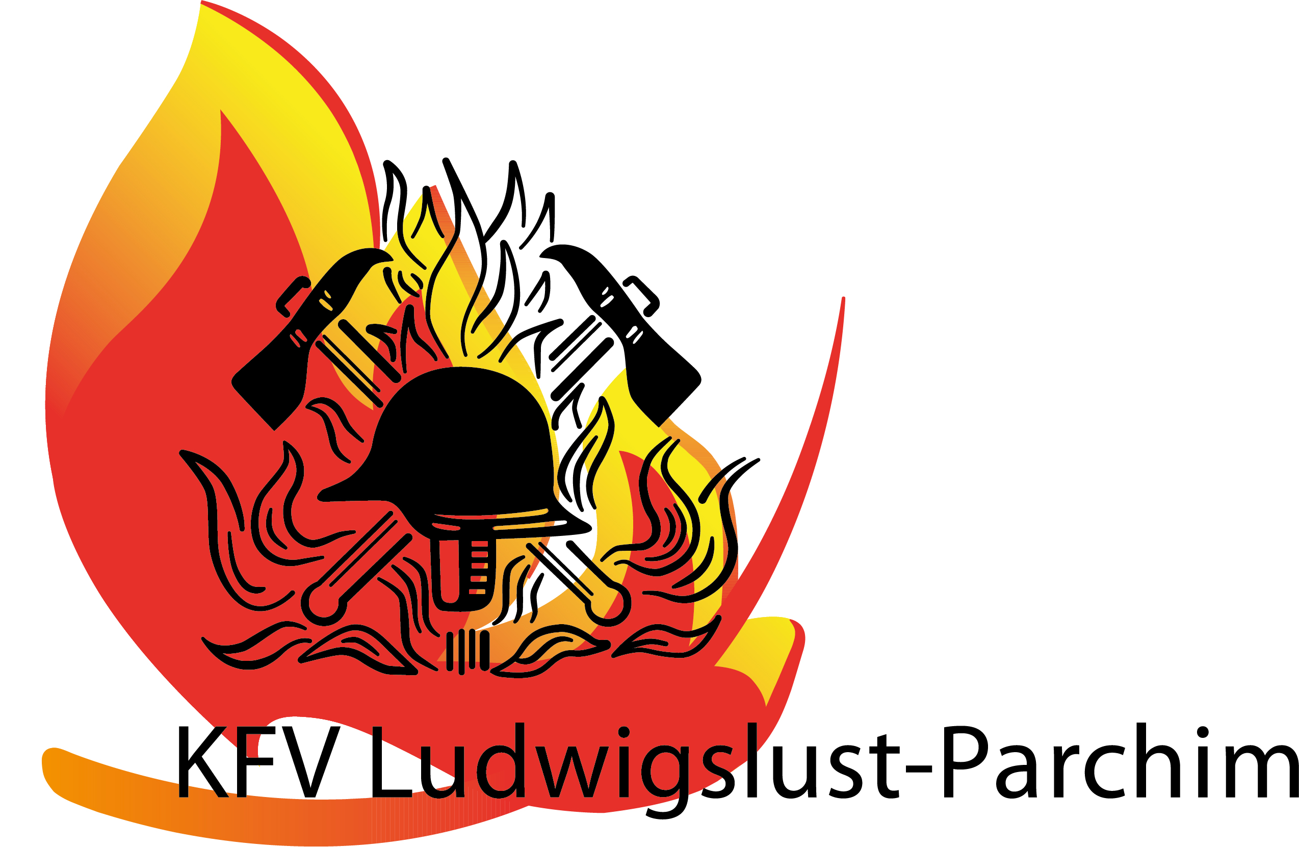 Logo mit dem Schriftzug KFV Ludwigslust-Parchim darüber ein Helm mit zwei Äxten und einer Flamme im Hintergrund